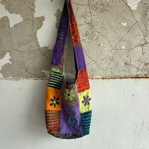 Boho Patchwork Shoulder Bag Nepal Cotton Embroidered Hippie Peace Sign Purse